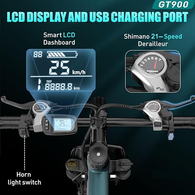 Aairsk GT900 Electric Mountain Bike - 25MPH, 40mi Range, 750W Motor