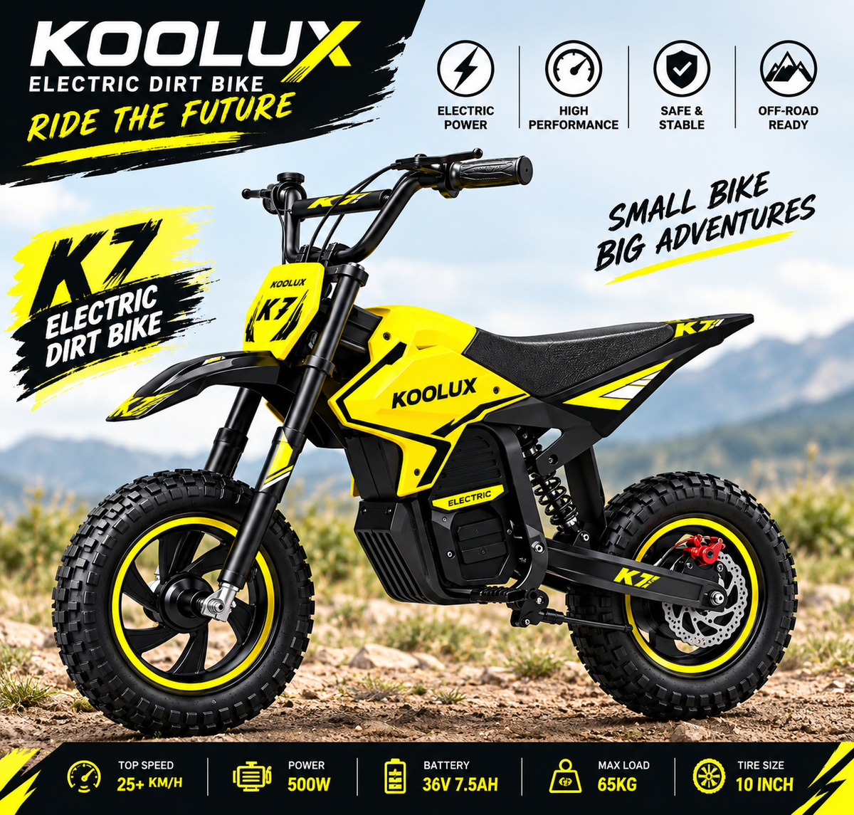 KOOLUX K7 kids electric dirt bike in yellow – hero