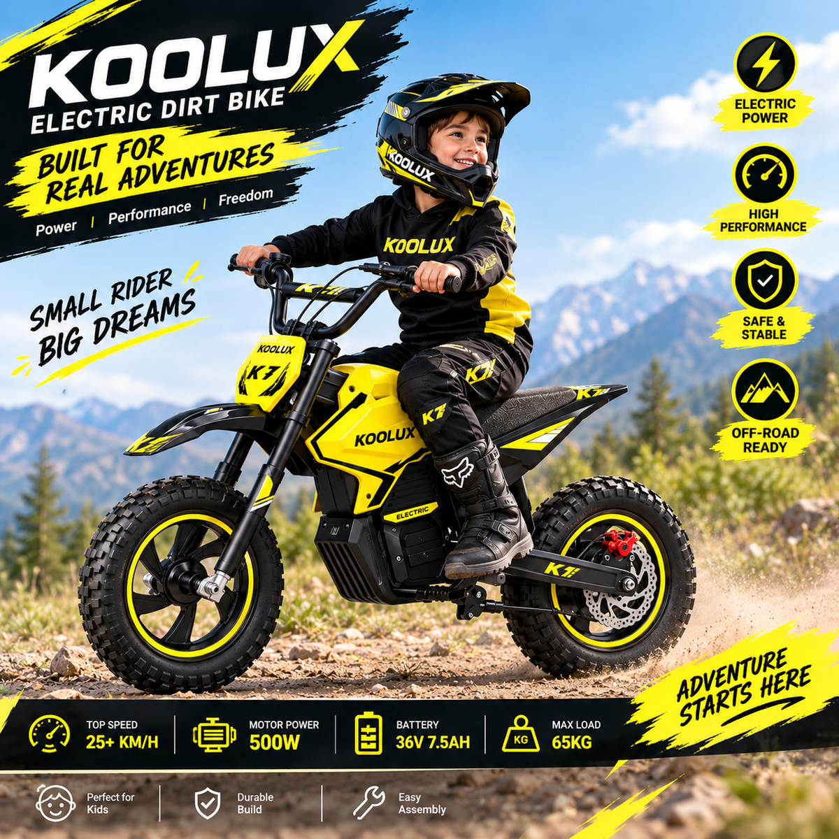 Child riding the KOOLUX K7 yellow electric dirt bike outdoors