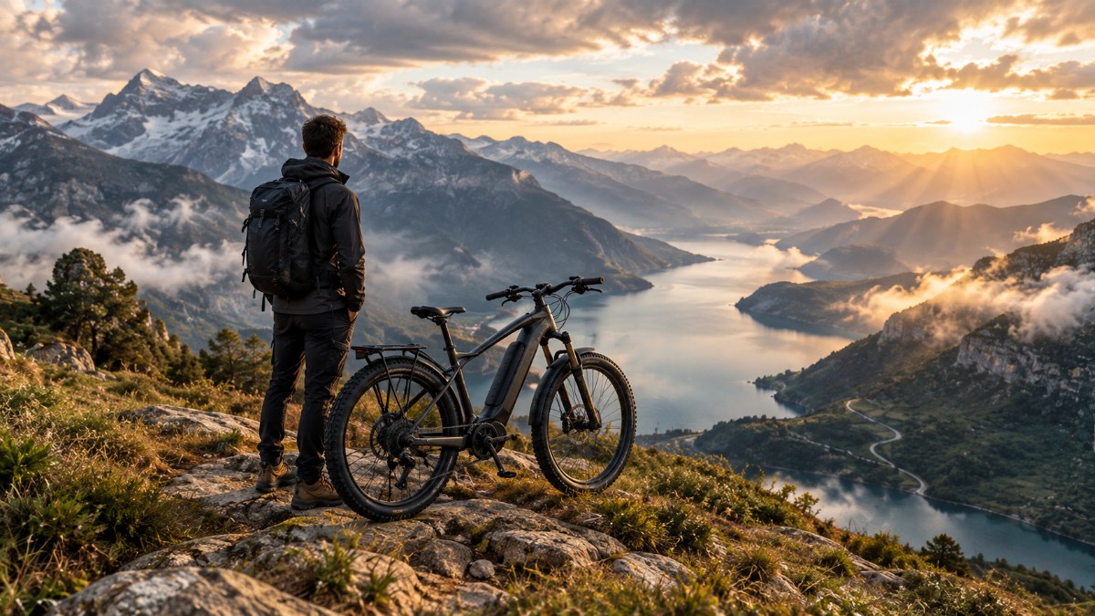 Rider with an ELECTORIDE e-bike overlooking an alpine lake