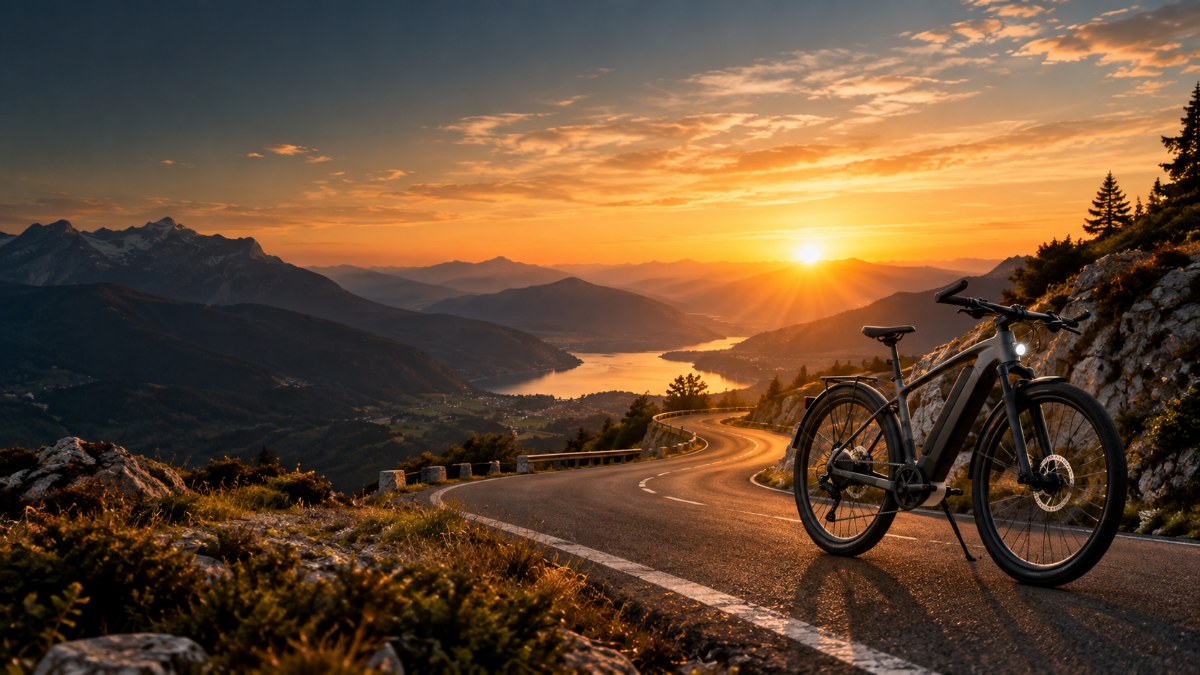 ELECTORIDE e-bike on a mountain road at sunset
