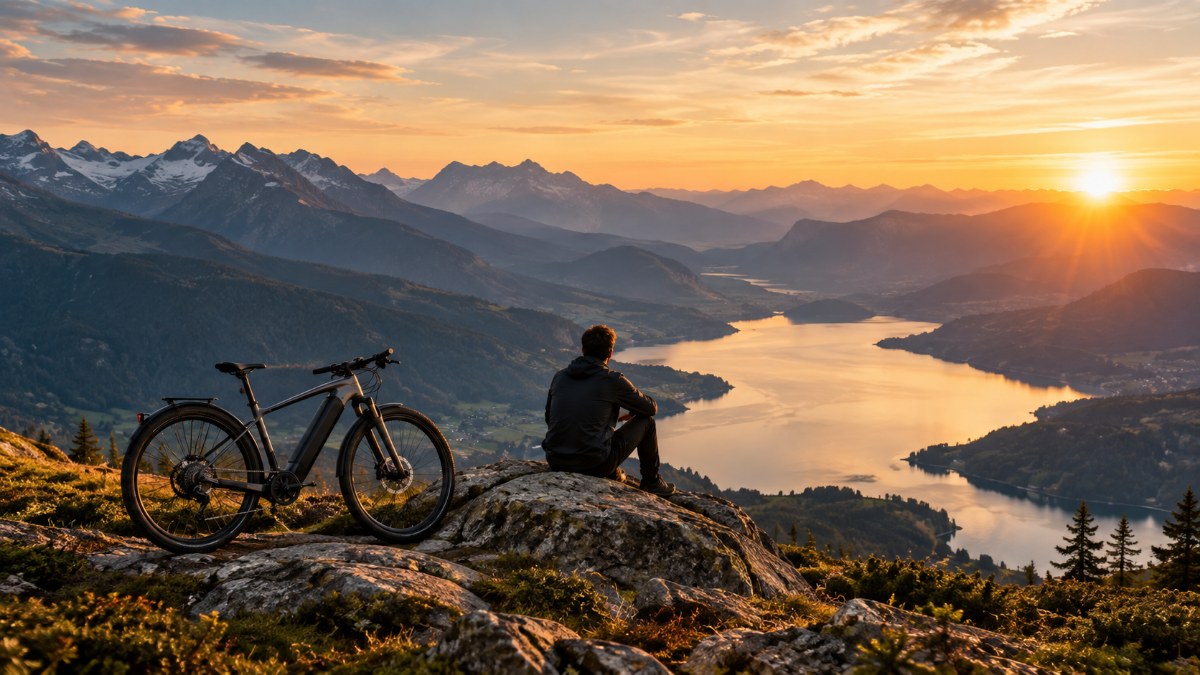Rider resting beside an ELECTORIDE e-bike above a lake at sunset
